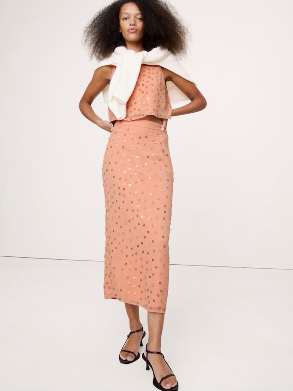 Embellished Chiffon Midi Pencil Skirt in Peach
